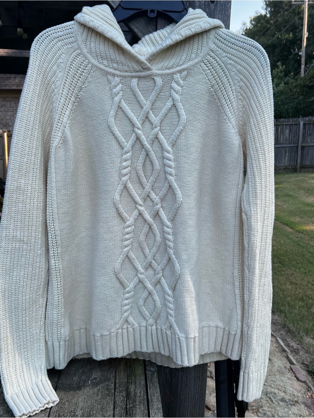 Athleta  Cream Cable-Knit Hooded Wool Sweater for Women